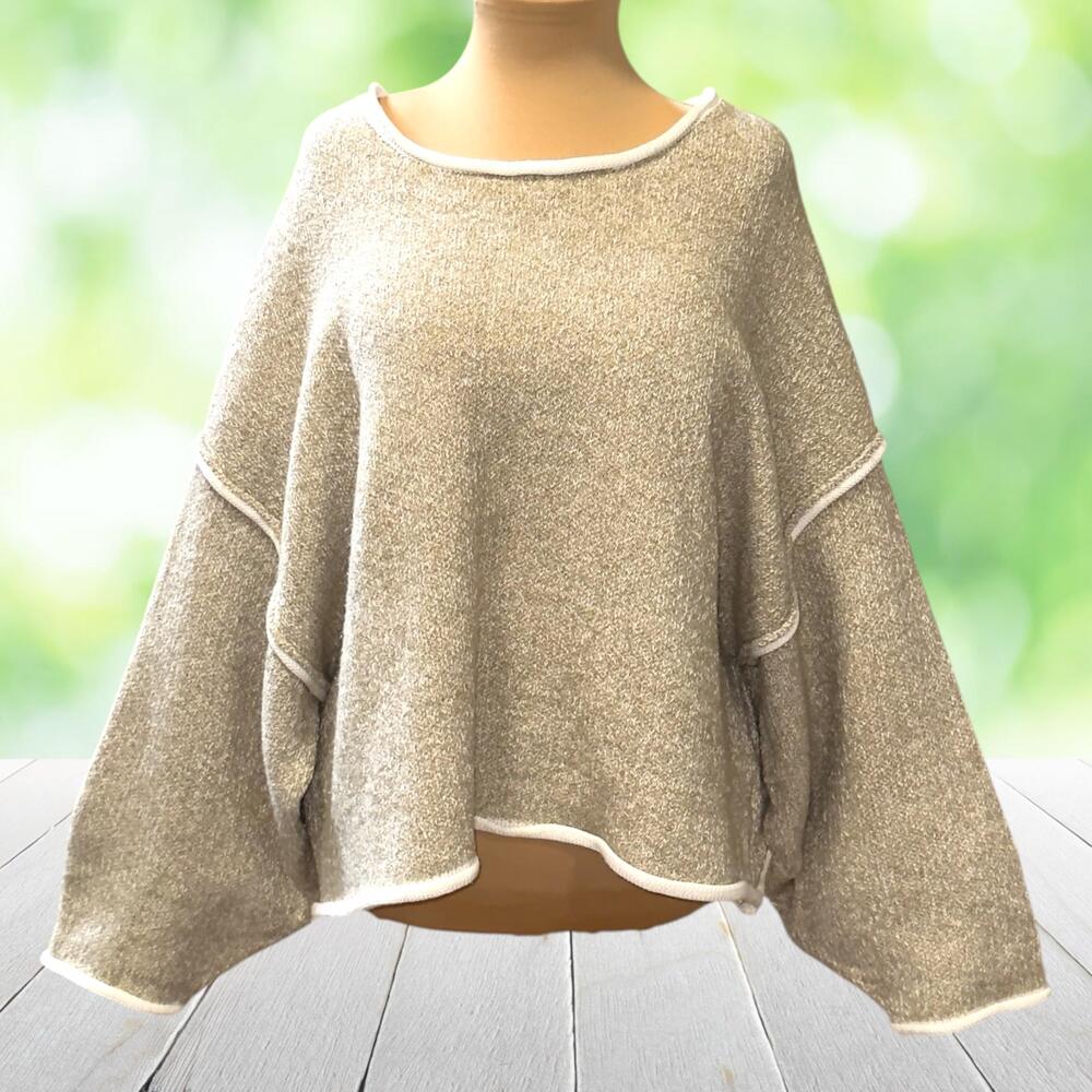 POL Oversized Sweater Exposed Seam Boat Neck Dolman Sleeve Boxy Boho Beige Sz S